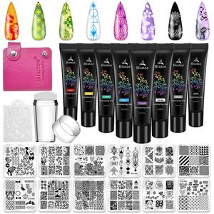 Biutee Nail Stamping Plates Set of 12 Templates, 8 Colors, Stamper, Scraper, Storage Bag - Animal & Flower Design Nail Art Plates (8pcs polish gel with plates)