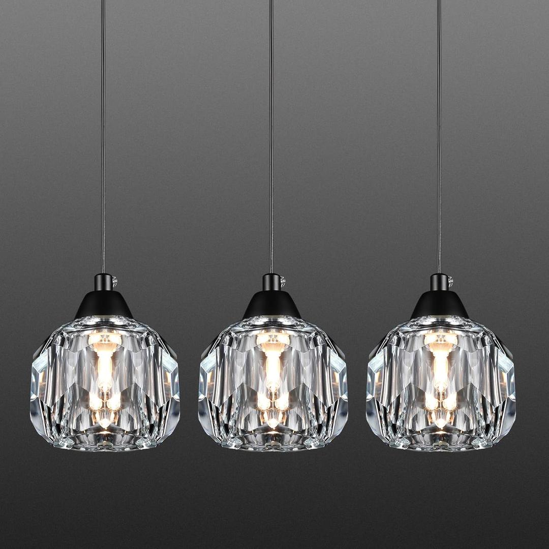 Crystal Chandeliers for Dining Room Lights Fixture Over Table, 3 Pack Black Modern Pendant Light FixtureCrystal Pendant Lighting for Kitchen Island Bathroom Bar
