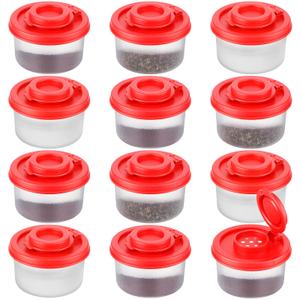 Acellegic 12 Pack Mini Salt and Pepper Shakers Moisture Proof Set Lids Plastic Airtight Dispenser for Camping Picnic Outdoors Kitchen Lunch Boxes Travel Spice(Red)