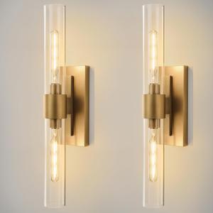 Champagne Brass Bathroom Wall Sconce - Set of 2 Modern Gold Light Sconces - Clear Glass Tube Vanity Lights - Vertical or Horizontal Mounted Dimmable Lighting Fixtures for Indoor Living Room Hallway