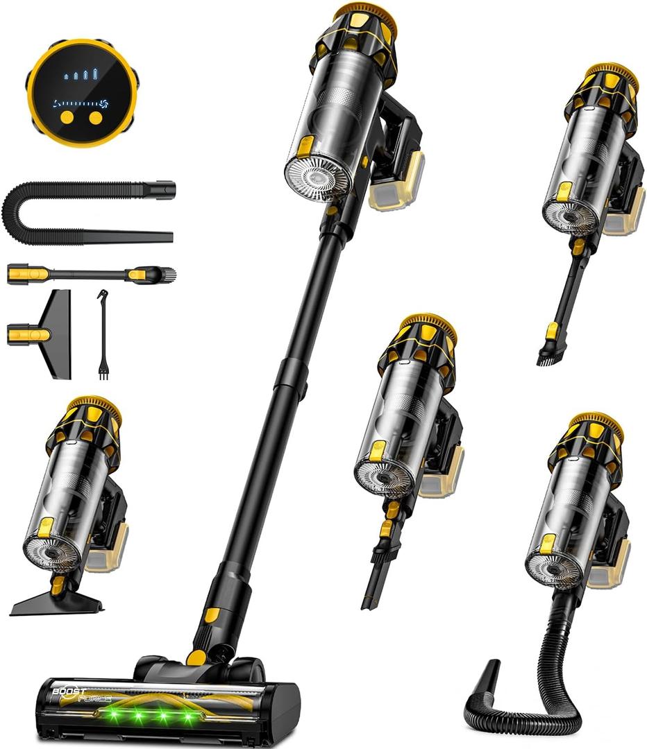 Cordless Vacuum Cleaner for DeWalt 20V Battery, 45KPA 400W Vacuum Cleaners for Home, Self-Standing Stick Vac w/LED Display, Anti-Tangle Lightweight Vacuum for Carpet, Floor, Car(Battery Not Included)
