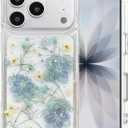 for iPhone 17 Pro Max Case Clear with Real Pressed Blue Flowers Design, Glitter Cute Bling Sparkle Girly Women Aesthetic Shockproof Protective Dried Floral Transparent Phone Cover (Violet)