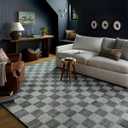 Loloi Chris Loves Julia Calvin Collection CLV-01 Blue/Ivory 7'-10" x 10' Area Rug Checkered Neutral Soft Living Room Bedroom Carpet