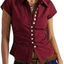Women's Short Sleeve Button Down Shirt Summer Collared Blouse Trendy Casual Tops 2026 (Red, L)