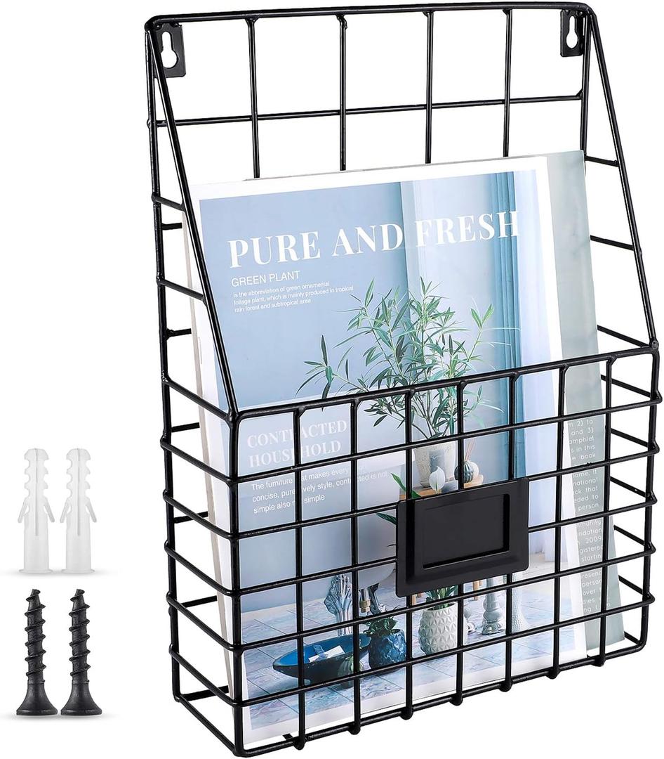 Metal Wire Wall Mounted Magazine Holder, Wall Hanging Organizer holder for Files, Newspapers, Magazines with Tag Slot for Office, Home Organization, Black
