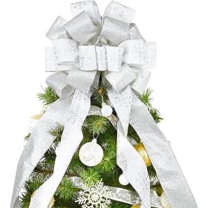 Christmas Tree Topper, 40x13 Inches Toppers Bow with Glitter Satin Mesh Streamer and Patterned Ribbon, Christmas Tree Topper Bow for Christmas Home Decoration (White)