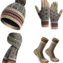 Women's Winter Knit Hat and Scarf Set with Touchscreen Gloves and Soft Warm Socks with Christmas Gift Box (Creamy White)