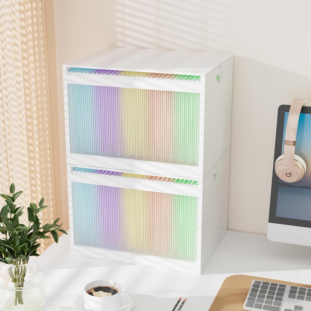 Bamboo Hanging File Boxes with Lids 2 Pack, File Organizer Box for Letter/Legal File, File Box with Hanging Folders Acrylic Light Easy Assembly File Storage Boxes for Office Home, White