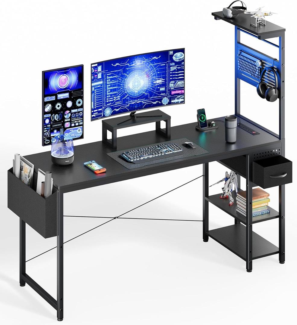 55 Inch Gaming Desk, Computer Desk with Adjustable Storage Rack & LED Lights, PC Gaming Desk with Mini DIY Pegboard, Drawer and Power Outlets for Gaming Room, Carbon Fiber Black