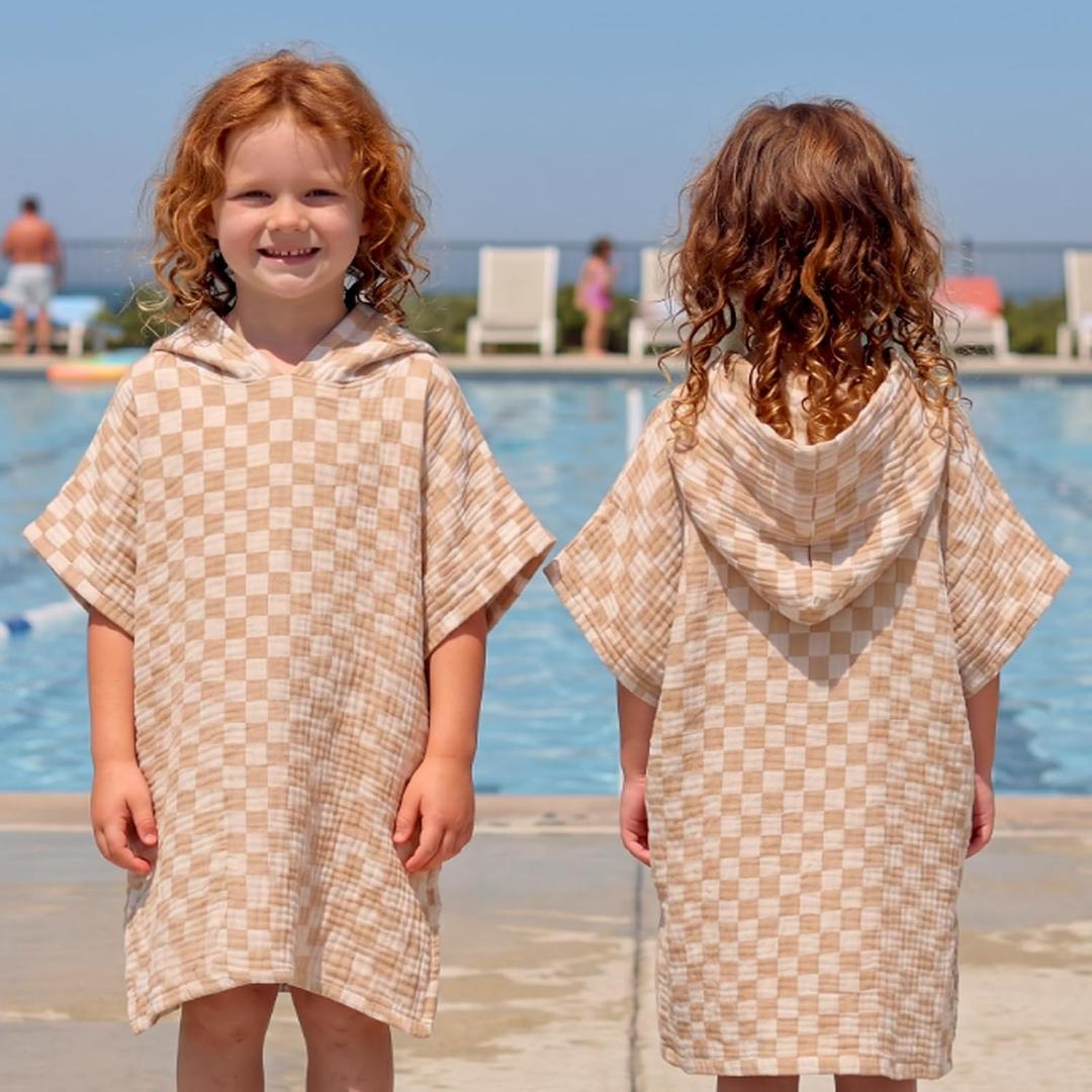 Frienda Muslin Hooded Beach Towel for Kids 3-6 Years Soft Muslin Bath Poncho for Baby Absorbent Fast Drying Blankets for Boys Girls Newborns Toddler Beach Pool Bath Essentials(Checkered, Brown, White)