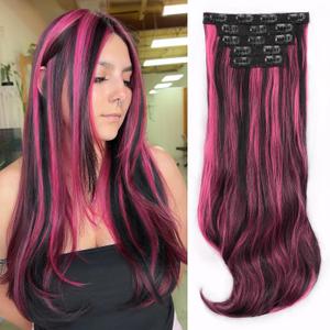 ALXNAN Clip in Hair Extensions,Thick Long Straight Layered Black Mix Rose Pink Highlights 20 Inch Soft Lace Weft Hair Extensions for Women