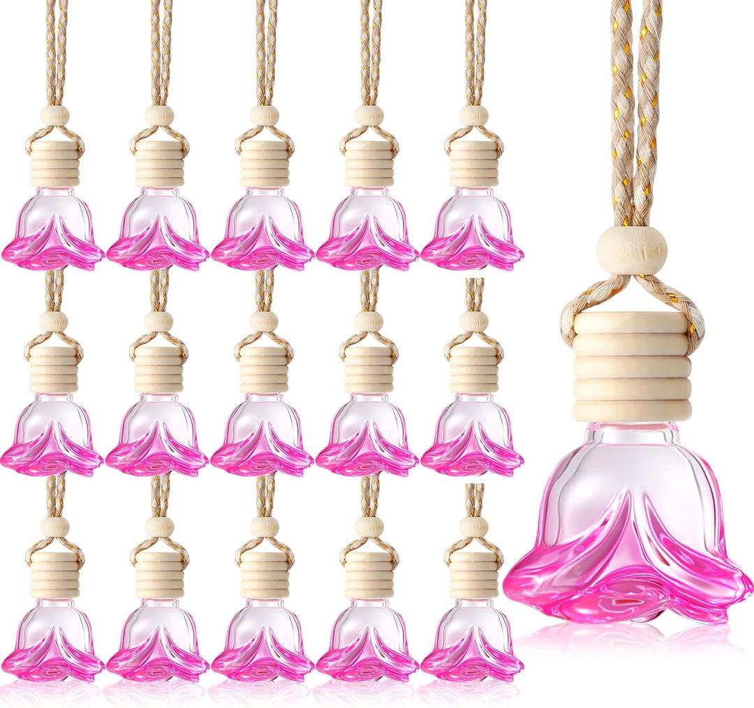 20 Pieces Hanging Car Air Freshener Gradient Pink Diffuser Bottles Empty Glass Perfume Refillable Essential Oil Aromatherapy Diffuser Pendant for Auto Interior Accessories(Flower Style)