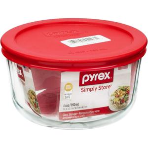 Pyrex Simply Store 2-Cup Single Glass Food Storage Container with Lid, Non-Pourous Glass Round Meal Prep Container with Lid, BPA-Free Lid, Dishwasher, Microwave, Oven and Freezer Safe (Red)