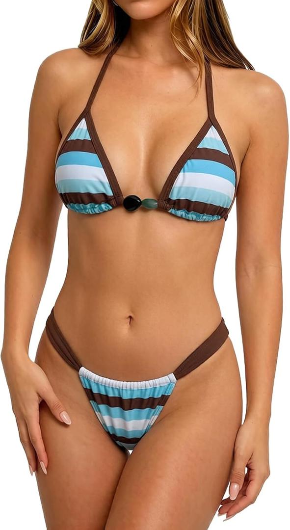 Thong Bikini Set for Women Triangle High Cut Cheeky Bathing Suit for Beach Pool Summer Swimwear (Blue, M)