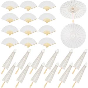 Paterr 24 Pcs 33'' Paper Umbrellas 8'' Paper Fans Decorative Chinese Japanese Parasol DIY Painting Crafts for Wedding Bridal Party Favor Photography Prop, White