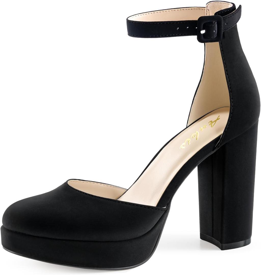 Ankis Black Platform Closed Toe Heels for Women, Womens Heels Closed Round Toe Chunky Block Pumps Shoes, 4 Inch (8.5)