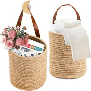 YOUEON Set of 2 Jute Hanging Basket 7.8" x 6.7", Small Wall Hanging Planter Baskets, Natural Jute Woven Storage Basket for Flower Plants Towels Sunglasses Wallet Keys, Boho Decor
