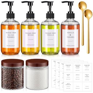 9 Pcs Coffee Syrup Dispenser Set 10 oz Plastic Coffee Syrup Dispenser Pump Bottle 16.9 oz Pet Jar with Lids Gold Spoon and Labels for Home Bar Organization