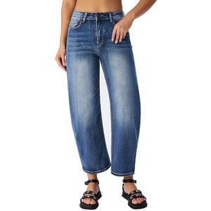 Roswear Women's Barrel Jeans Petite Wide Leg Cropped Stretchy Baggy Denim Pants XL