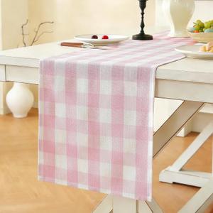 Laolitou Spring Pink Checkered Table Runner, Cotton Linen Gingham Table Runners, Classic Buffalo Plaid Farmhouse Table Decor, 13x108 Inches