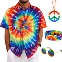 4 Pieces Hippie Costume Set,Tie Dye Button Down Shirt Set,Tie Dye Headband,Rainbow Sunglasses,Peace Sign Necklace (XXXL)