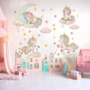 Unicorn Wall Decals with Moon, Stars & Clouds - Dreamy Nursery Stickers for Girls Bedroom, Baby Room, Birthday Party Decor - Colorful Fantasy Wall Art for Kids Ages 1-12, 35.4x11.8 Inch