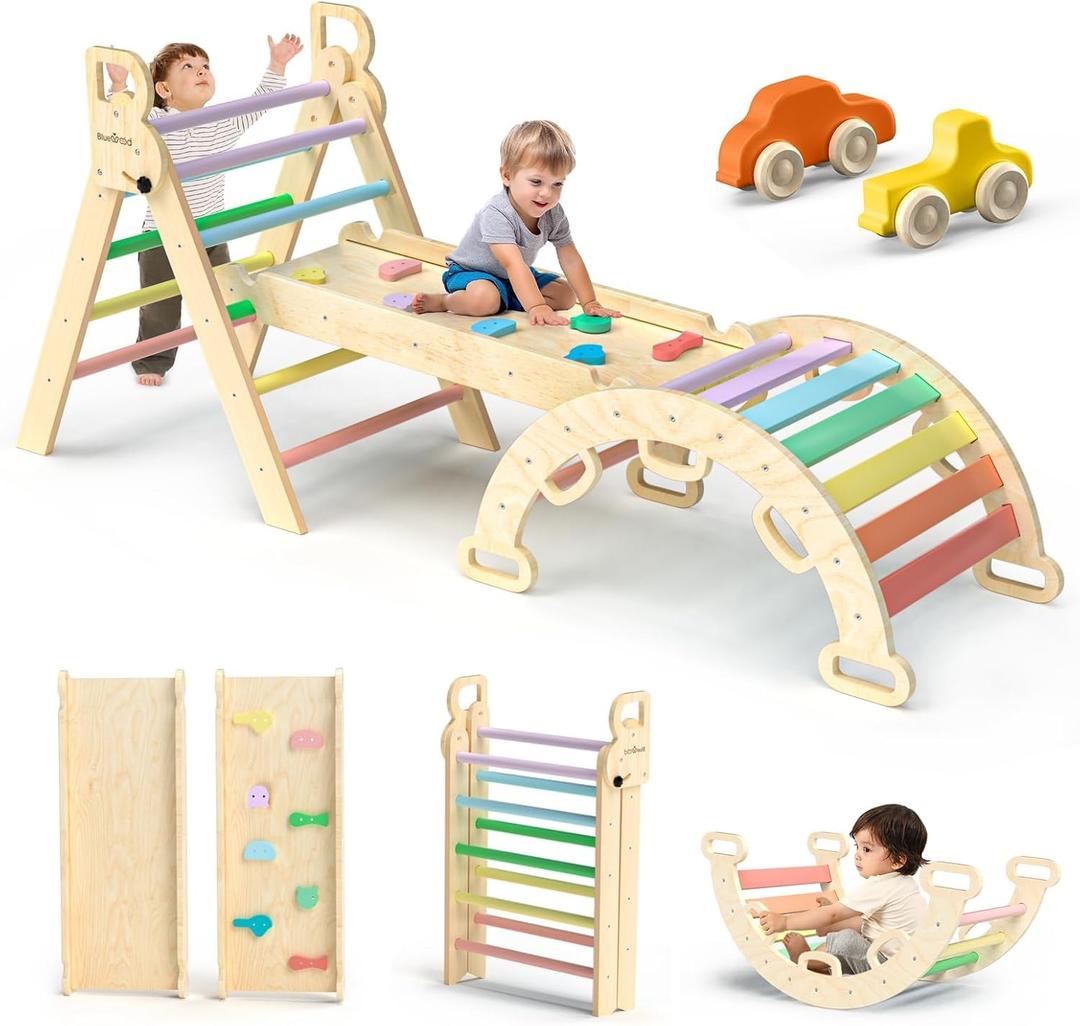 BlueWood Pikler Triangle Set 7in1 Foldable Baby Climbing Toys Wooden Montessori Climbing Set with Arch&Ramp&Ladder Baby Climber Indoor Jungle Gyms for Toddlers Montessori Toys - Rainbow
