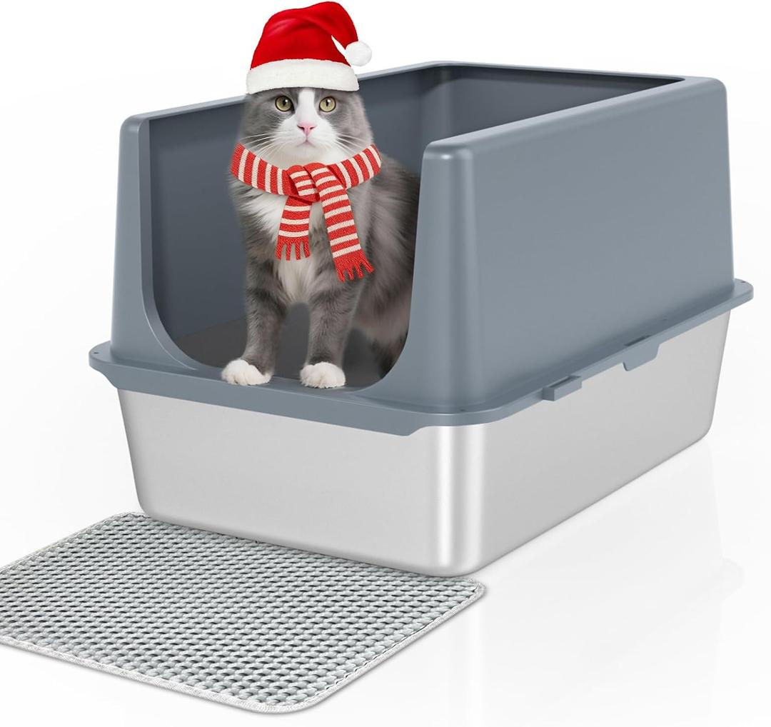 LIHONG Stainless Steel Cat Litter Box, XL Metal with Lid, Cat Litter Pan for Large Cats, Non-Sticky Large Kitty Litter Box, Anti-Leakage, 23.5" X 15.5" X 14" XXL