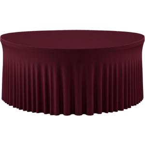 Burgundy Round Tablecloth 60 inch Stretch Spandex Fitted 5FT Round Banquet Tablecloths Wrinkle Free Table Cover Stitch Circle Tablecloth with Ruffle Skirt for Wedding Party Birthday Decor