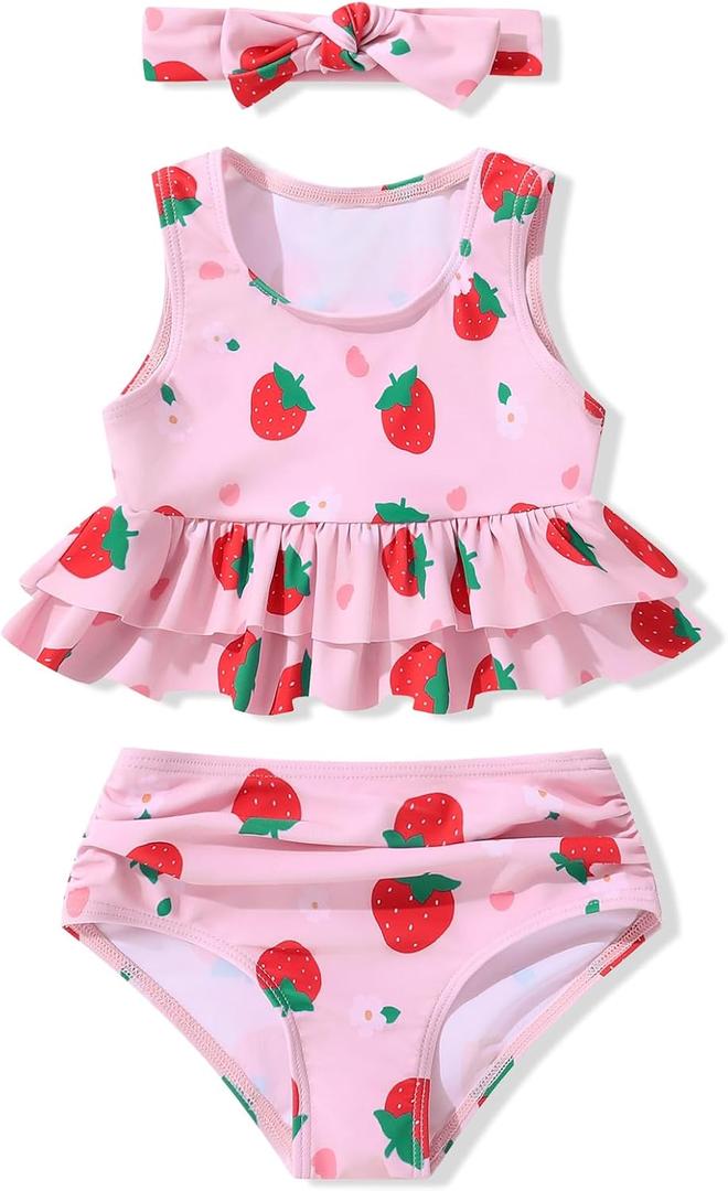 Baby Girl Swimsuit Infant Two Piece Suit with Headband Toddler Bathing Ruffles Bikini Tankini Beach Swimwear 18M-5T (Pink)