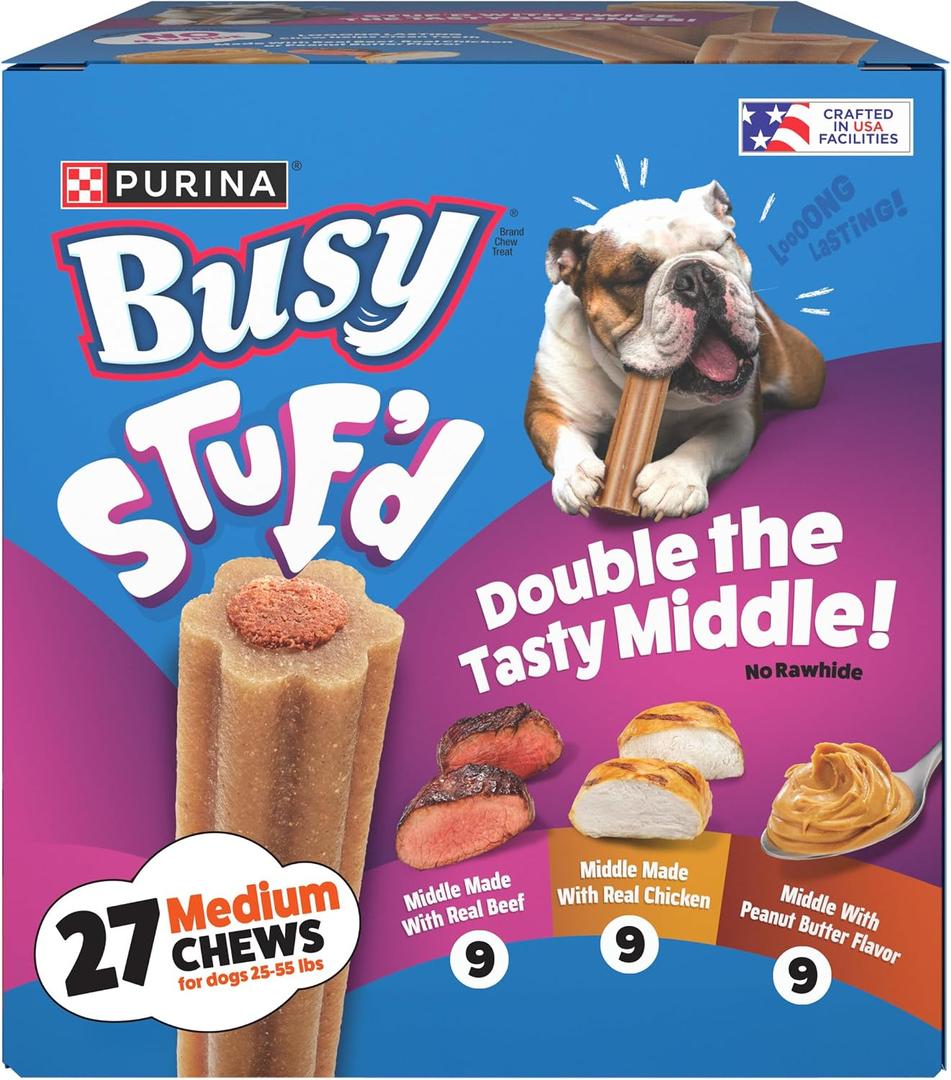PurinaBusyStufdVariety PackMedium Long LastingDog ChewswithReal Beef, Real Chicken or Peanut Butter Flavor - 27 ct. Chews (EXP 12/01/27)