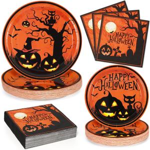 Homlouue 200 PCS Halloween Plates and Napkins, Black Pumpkin Paper Plates for Halloween Party Decoration, Serves 50, With Bat & Cat Design