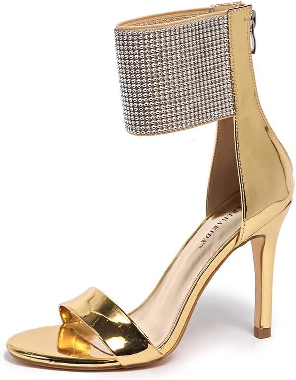 Women's High Heel Sandals Open Toe Ankle Tie Dressy Heeled Sandals for Prom, Party, Evening Events, 3.93 Inch Comfortable Thin Block Heels (11, Gold)