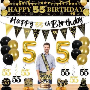 27pcs 55th Birthday Decorations for Men,Black Gold 55th Party Decorations,Happy 55th Birthday Banner Honeycomb Hanging Swirls Cake Topper and Balloons Kit Party Supplies