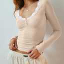 Women's Long Sleeve Lace Scoop Neck Shirts Ribbed Casual Slim Fitted Basic Tee Tops (M)