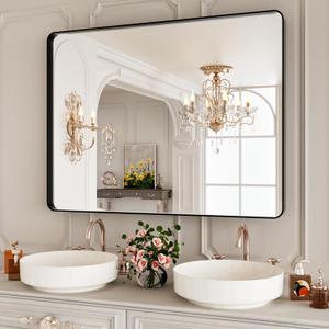 40x30 Inch Black Metal Framed Bathrrom Mirror for Wall,Matte Black Rectabgle Vanity Mirror,Tempered Glass,Anti-Rust,Rounded Corner,Horizontal or Vertical