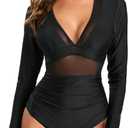 NESY Women's Long Sleeve Rash Guard Swimsuits One Piece Bathing Suit UV Protection Surfing Suit Zipper Printed Swimwear (Medium, Black)