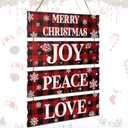 Geelin 4 Pcs Christmas Wood Hanging Signs - Merry Christmas, Joy, Peace, Love - Wooden Square Sign Decoration for Home Indoor Outdoor(Plaid Style)