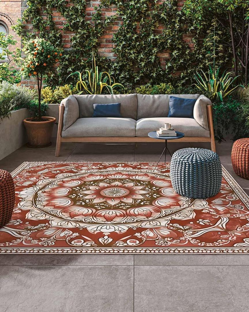 Vintage Boho Hohemian 4x6 Outdoor Rug Waterproof for Patio Brown Orange Washable Outdoor Carpet Large Area Rug, Patio Rug for Porch RV Picnic Backyard Deck Balcony Beach (Light Brown Reddish Brown)