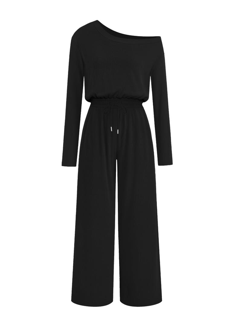 Lazysmile Womens Dressy Long Sleeve Off Shoulder Jumpsuit (Black, L)