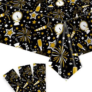 KatchOn, Happy New Year Tablecloths - 108x54 Inch, Pack of 3 | Happy New Years Decorations 2026 | Disposable Rectangular Tablecloths Plastic | Black and Gold Table Cloth for New Years Eve Decorations (Clock)