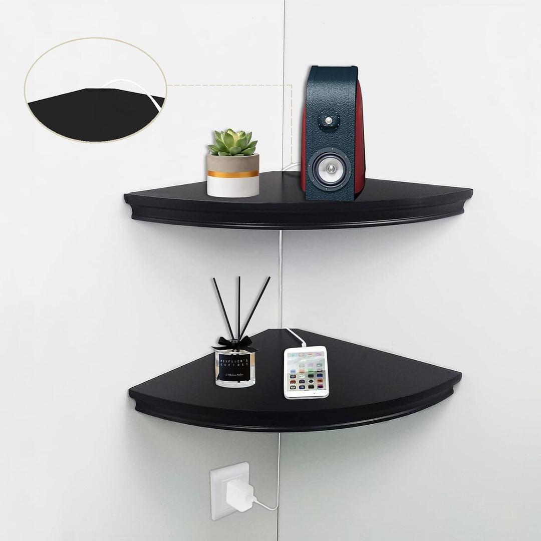 HAO Floating Corner Shelf Invisible Wall Mounted Shelves Radial Shape Cable Wire Hole Pattern Perfect for Bedroom Bathroom Living Room Kitchen Set of 2 Black