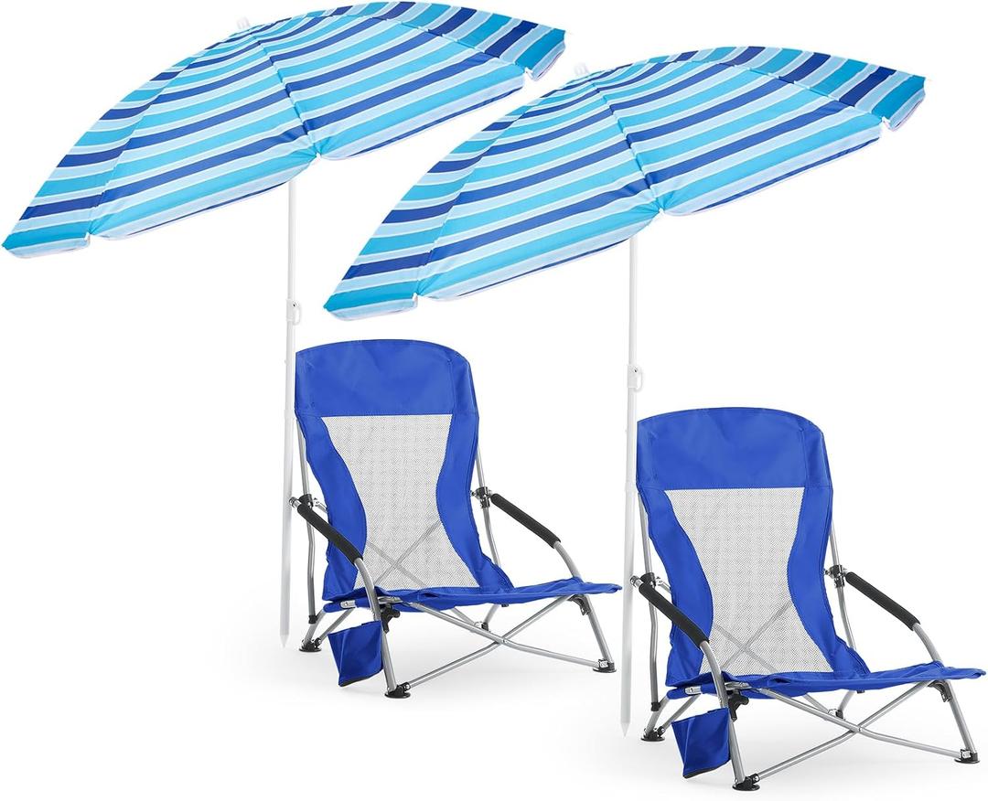 Huwena 2 Pack Beach Chairs with Umbrella for Adults, Low Folding Chair Set, Adjustable Detachable Umbrella, Lightweight Portable with Cup Holder & Carry Bag, for Beach Camping Travel(Dark Blue), 22 X 21 X 28 Inches