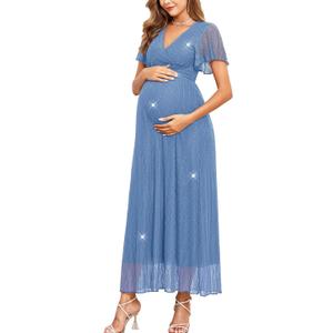 AISWI Maternity Sparkly Mesh Maxi Dress Ruffle Sleeve Wrap V Neck Flowy Pregnancy Dresses Baby Shower Photoshoot Formal, Blue, Large