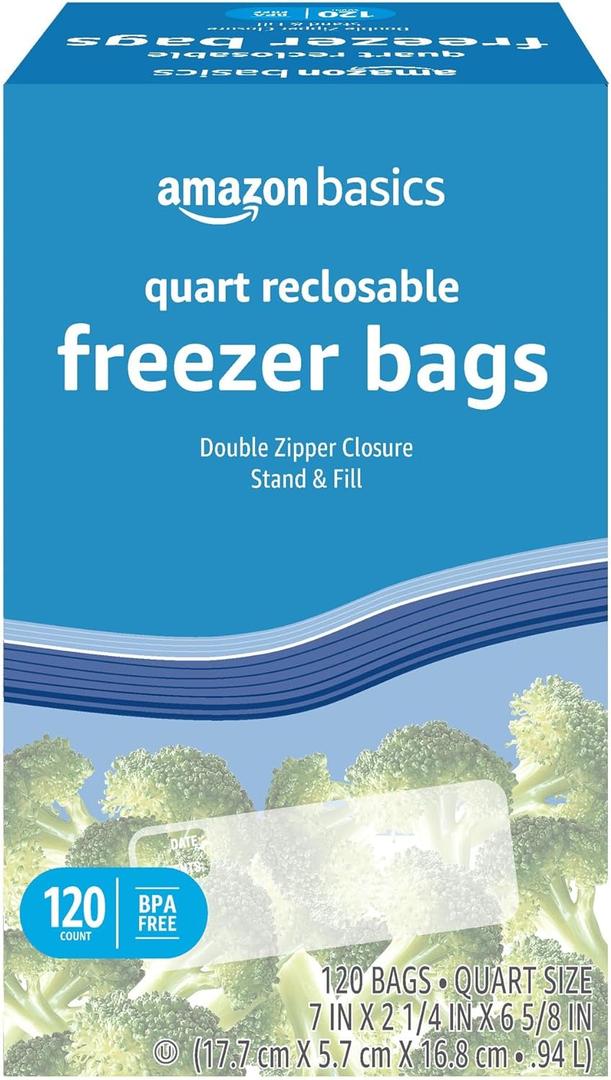 Amazon Basics Reclosable Freezer Quart Bags, BPA Free, 120 Count (Previously Solimo)