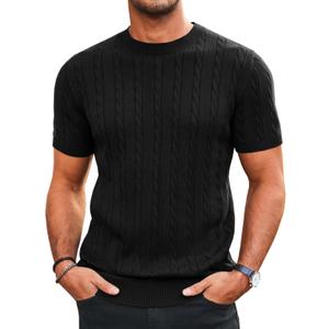 Runcati Mens Knit Short Sleeve T Shirts Casual Crewneck Slim Fit Shirt Cable Knitted Stretch Pullover Tees Black (Black)