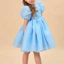 LalaMira Flower Girl Dress Organza Toddler Dresses Puff Sleeve & Bow Bcak Girls Princess Dress for Wedding Birthday Party Blue-12M