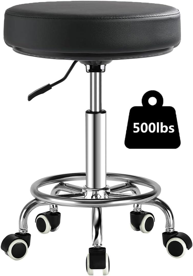 Adjustable Rolling Stool with Wheels Heavy Duty 500lb Round Rolling Stool with Footrest, Patent Leather Drafting Stool Chair with Wheels Work Spa Salon Seat, Black 