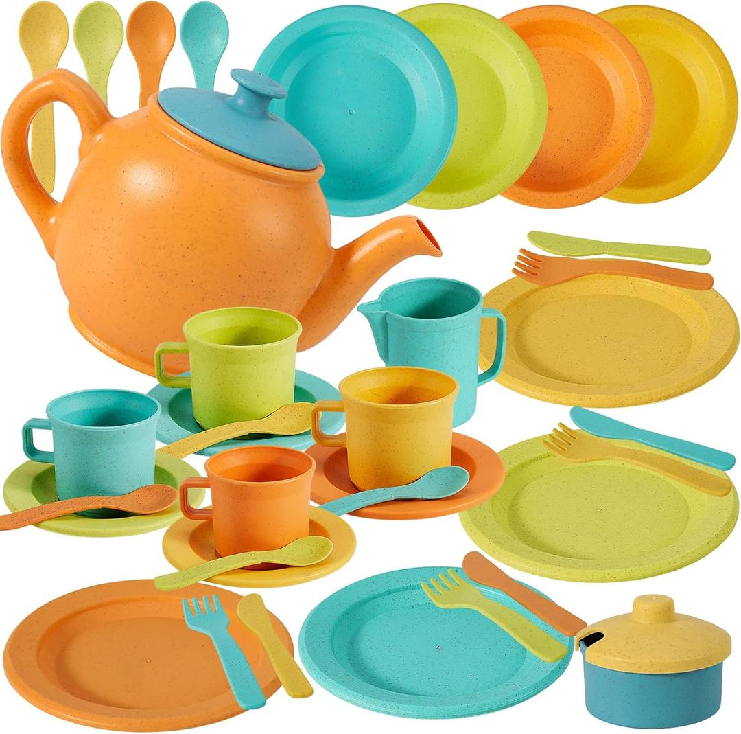 BUYGER Kids Kitchen Accessories and Tea Set for Toddlers 3-5, Play Kitchen Toy Dish Plates Utensils Dinnerware Set Pretend Role Play Gifts for Ages 3 4 5 Years Olds Children Boys Girls