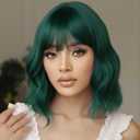 Green Short Bob Wavy Wig with Bangs for Women Wigs for Women Loose Curly Shoulder Length Bob Curly Women's Charming Synthetic Wigs Style Synthetic Fiber Wig (Green 12Inch)